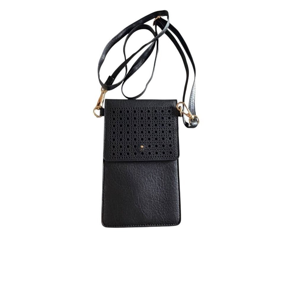 black phone crossbody bag with perforated pattern on flap, leather, touch screen